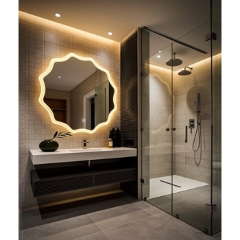 Spa-Style Bathroom with Decorative LED Mirror and Green Elements