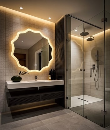 Spa-Style Bathroom with Decorative LED Mirror and Green Elements