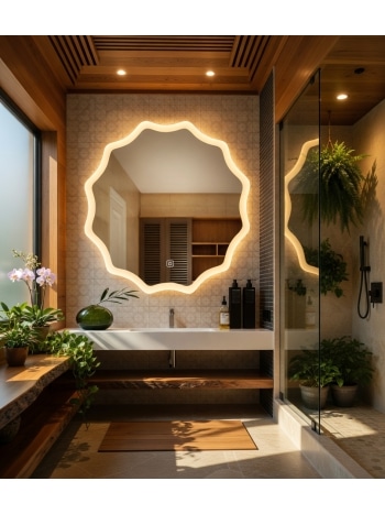 Spa-Style Bathroom with Decorative LED Mirror and Green Elements