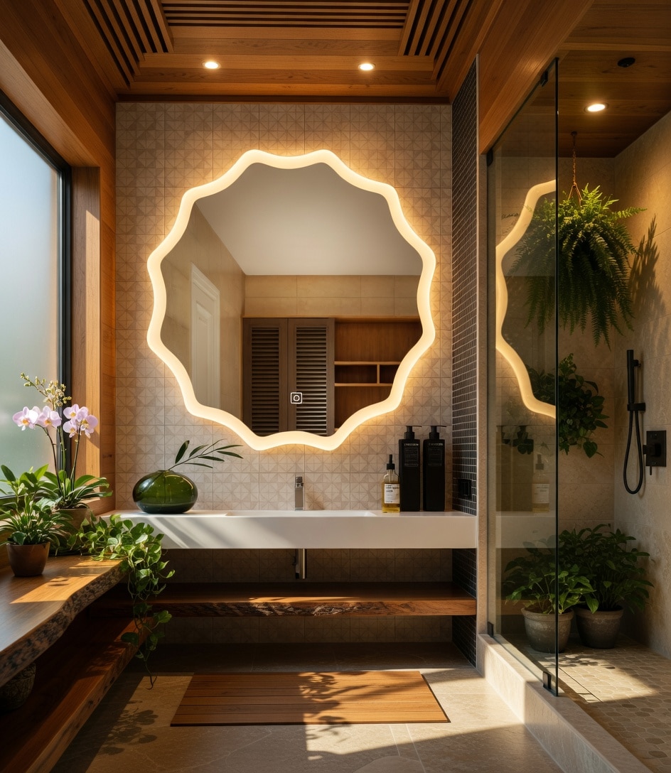 Spa-Style Bathroom with Decorative LED Mirror and Green Elements