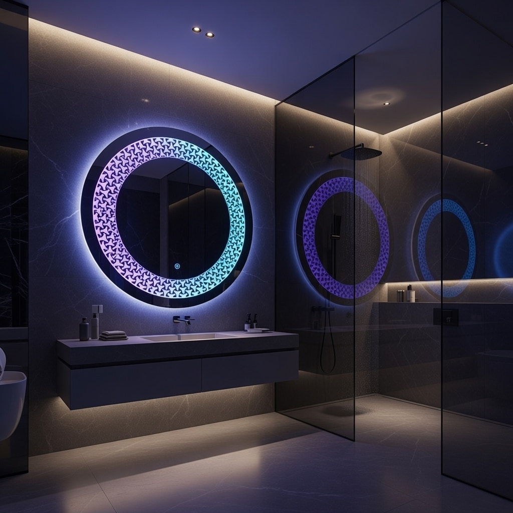 legant Marble Bathroom with Designer Round LED Mirror
