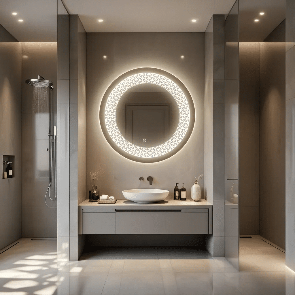 legant Marble Bathroom with Designer Round LED Mirror