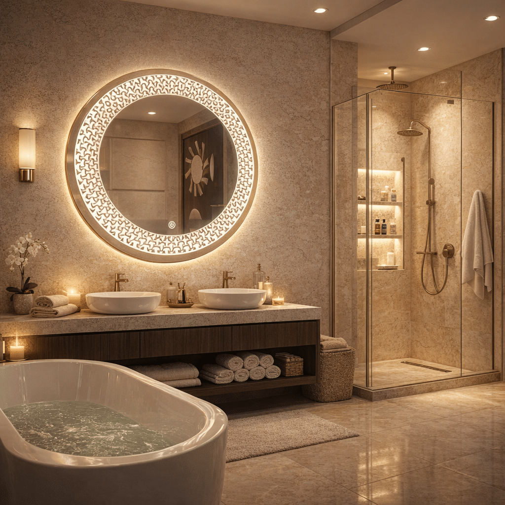 legant Marble Bathroom with Designer Round LED Mirror