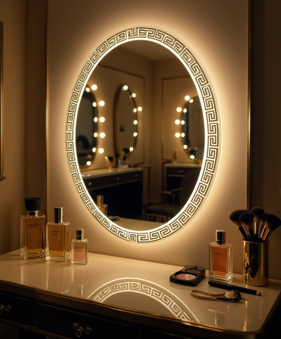 Grecian Glow Oval Mirror with LED Backlight and Etched Border