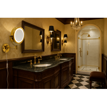 LuxEdge Wall-Mounted Gold LED Magnifying Mirror with Adjustable Arm 1