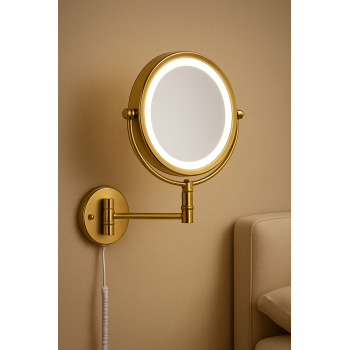 LuxEdge Wall-Mounted Gold LED Magnifying Mirror with Adjustable Arm