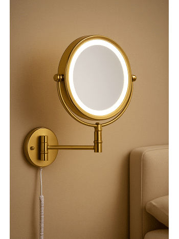 LuxEdge Wall-Mounted Gold LED Magnifying Mirror with Adjustable Arm