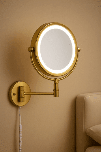 LuxEdge Wall-Mounted Gold LED Magnifying Mirror with Adjustable Arm