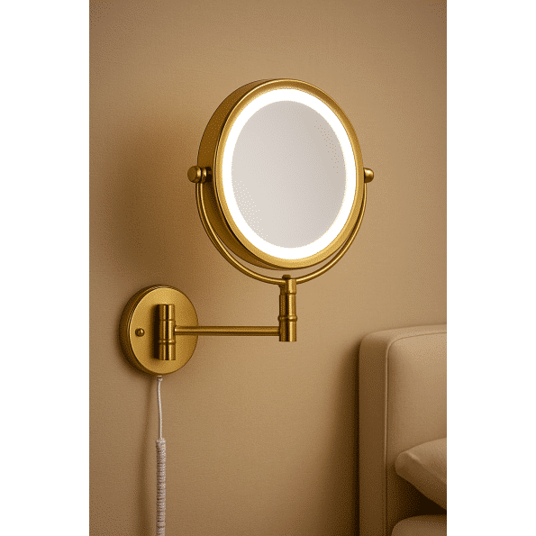 LuxEdge Wall-Mounted Gold LED Magnifying Mirror with Adjustable Arm