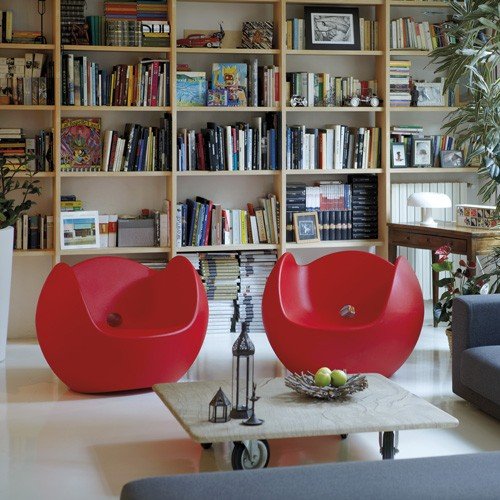 modern red rocking and lounge chairs.