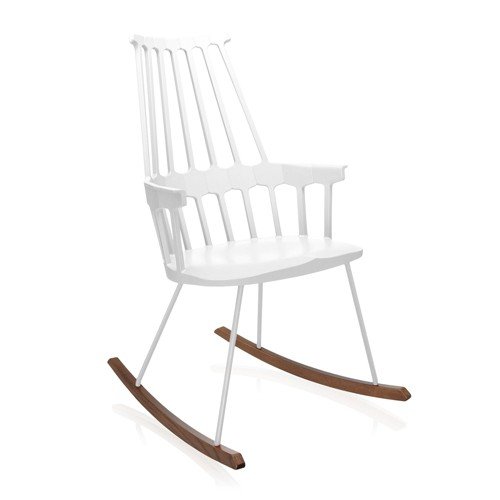 modern white rocking chair with wood feet.