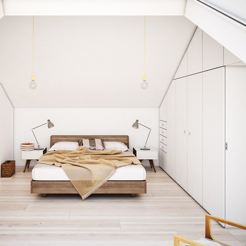 modern bed with white vaulted ceilings.