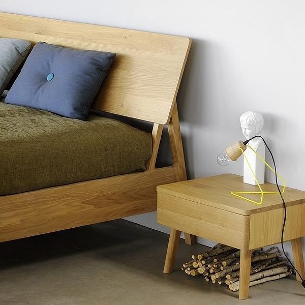 mdoern wood bed and bedside table.