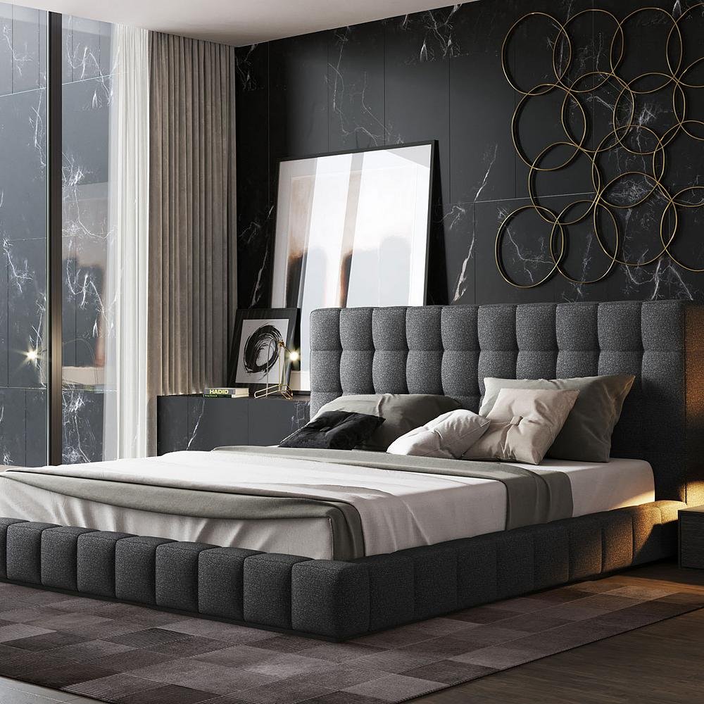 modern dark grey button-tufted bed.