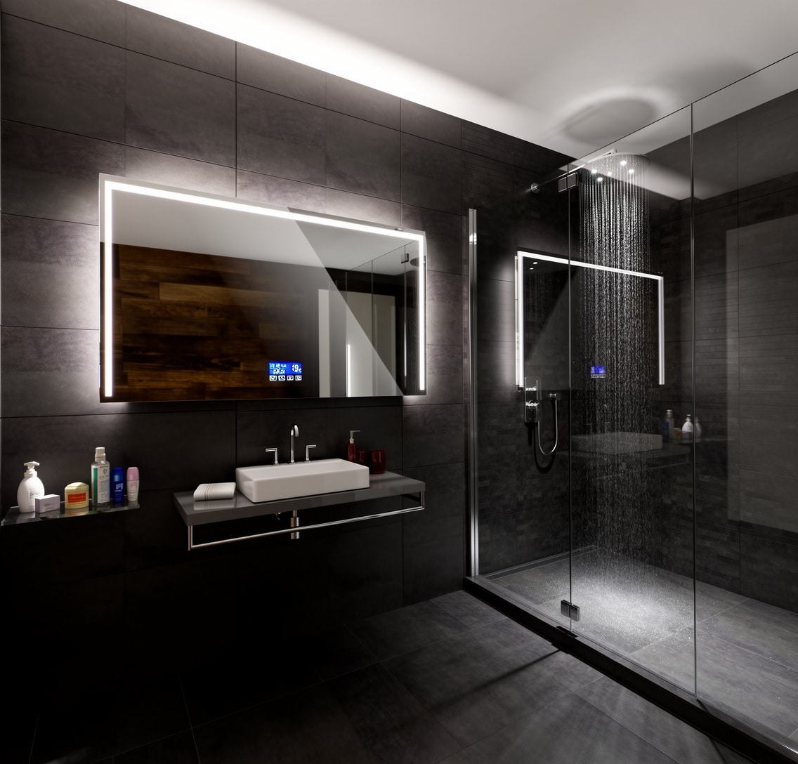 High-End Bathroom Design with Smart LED Mirror and Ambient Lighting