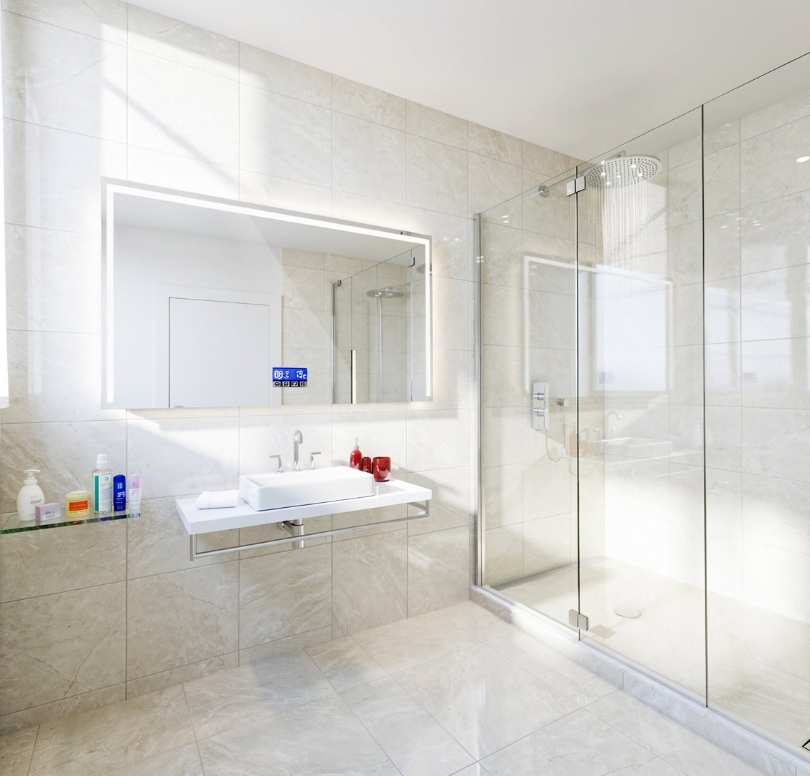 High-End Bathroom Design with Smart LED Mirror and Ambient Lighting