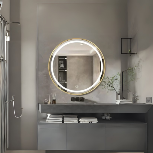 Round Bathroom Mirror Cabinet with Open Storage – White