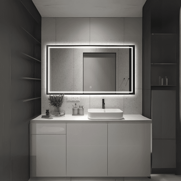 Rectangular LED Bathroom Mirror with Digital Display – Modern Design with Gold Frame