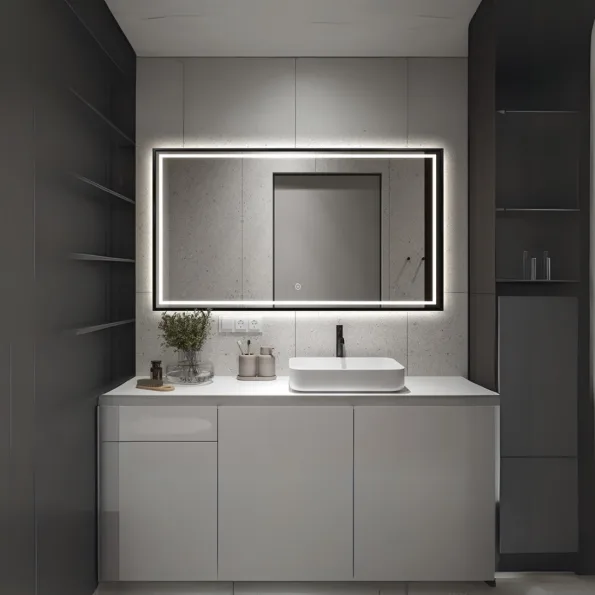 Rectangular LED Bathroom Mirror with Digital Display – Modern Design with Gold Frame
