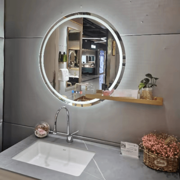 Smart Circular LED Bathroom Mirror with Time Display and Ambient Lighting