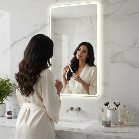 Smart LED Bathroom Mirror with Digital Clock – Rectangular Backlit Mirror with Time Display