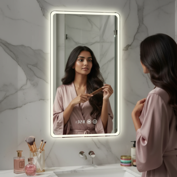 Smart LED Bathroom Mirror with Digital Clock – Rectangular Backlit Mirror with Time Display