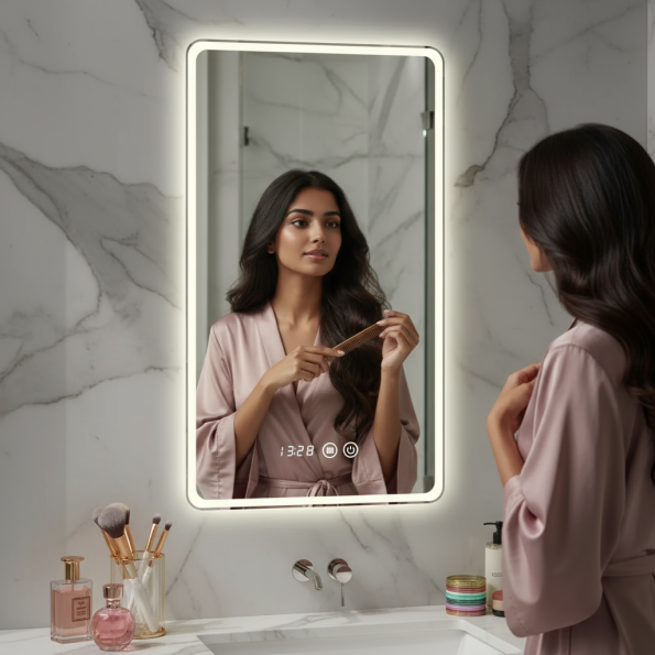 Smart LED Bathroom Mirror with Digital Clock – Rectangular Backlit Mirror with Time Display
