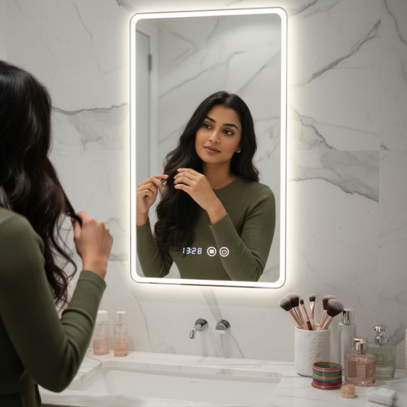 Smart LED Bathroom Mirror with Digital Clock – Rectangular Backlit Mirror with Time Display