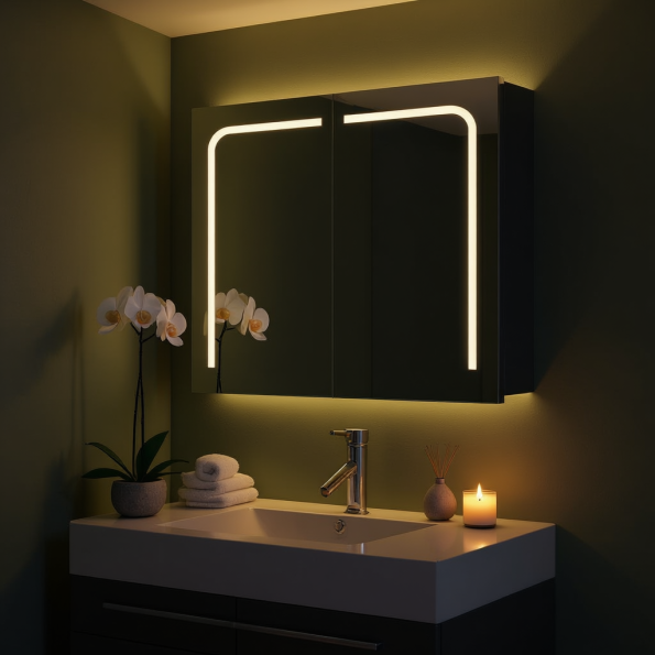 Modern wall mounted hotel wash basin bathroom illuminated lighted mirror cabinet 2