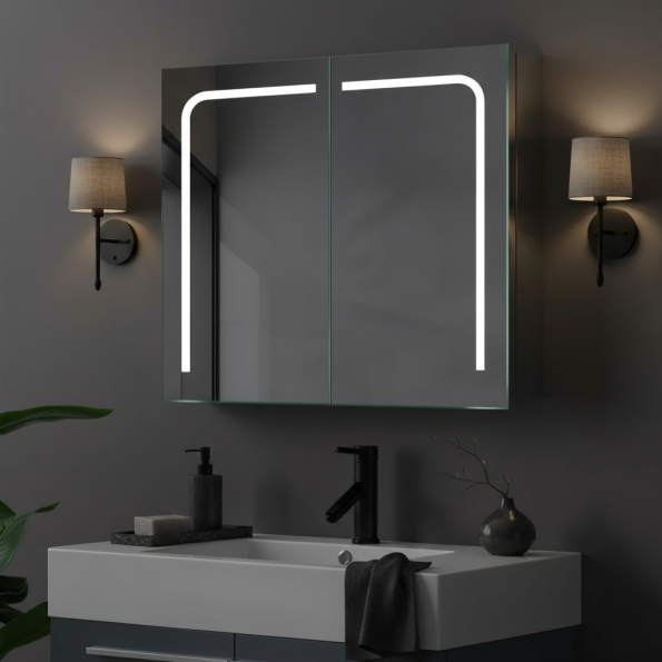 Modern wall mounted hotel wash basin bathroom illuminated lighted mirror cabinet 3