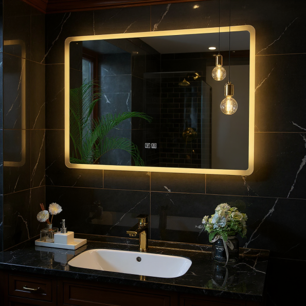 Rectangular LED Bathroom Mirror with Yellow 3000K Backlight – Modern Design with Soft Ambient Lighting 1