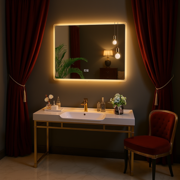 Rectangular LED Bathroom Mirror with Yellow 3000K Backlight – Modern Design with Soft Ambient Lighting 2