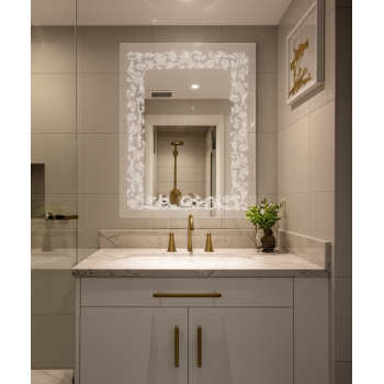 BaroqueGlow™ Ornamental LED Mirror India – Etched Purple Floral Frame Vanity Mirror with Touch Sensor 1