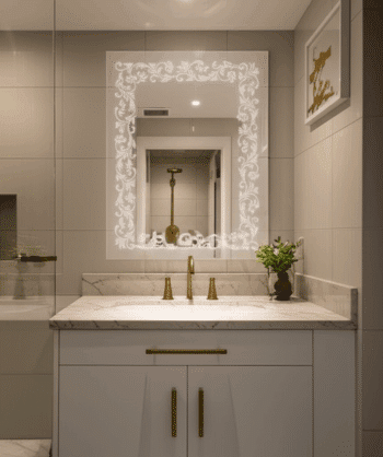 BaroqueGlow™ Ornamental LED Mirror India – Etched Purple Floral Frame Vanity Mirror with Touch Sensor 1