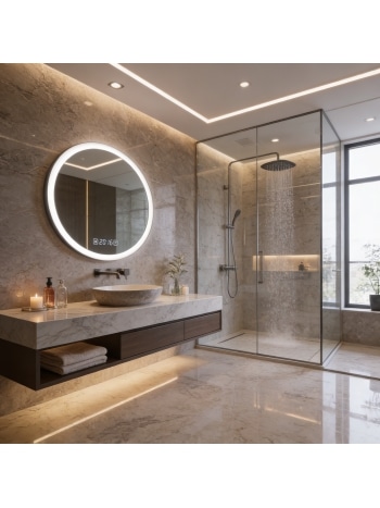 Smart Round LED Mirror with Clock Display for Bathroom