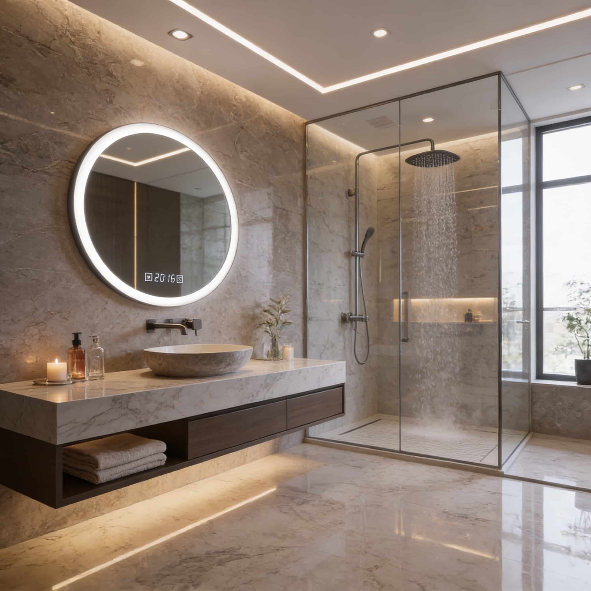 Smart Round LED Mirror with Clock Display for Bathroom