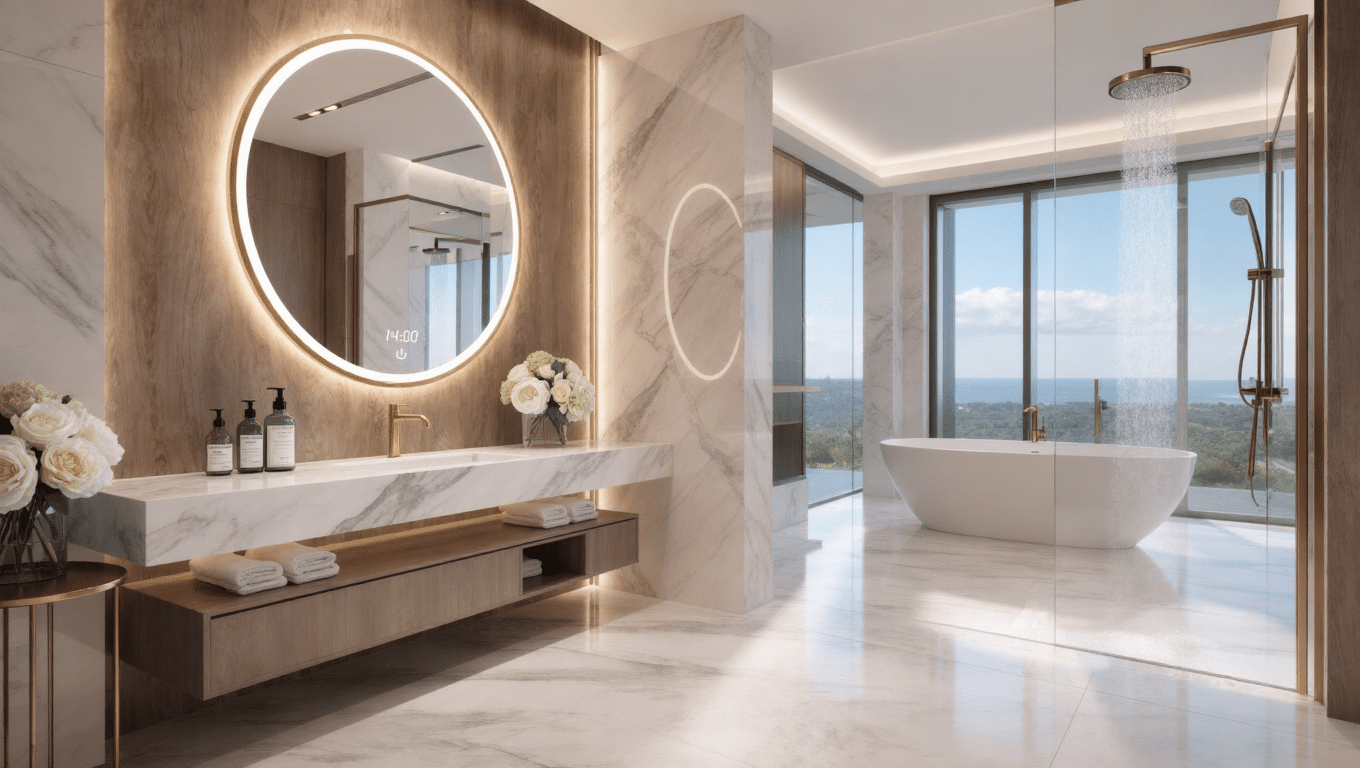 Smart Round LED Mirror with Digital Display & Anti-Fog