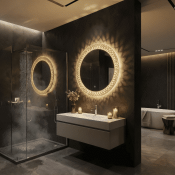 Designer Pattern Round LED Mirror with Ambient Glow & Anti-Fog