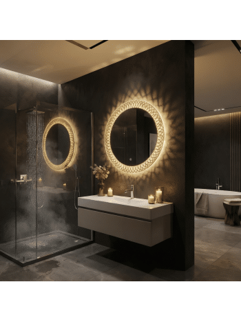 Designer Pattern Round LED Mirror with Ambient Glow & Anti-Fog
