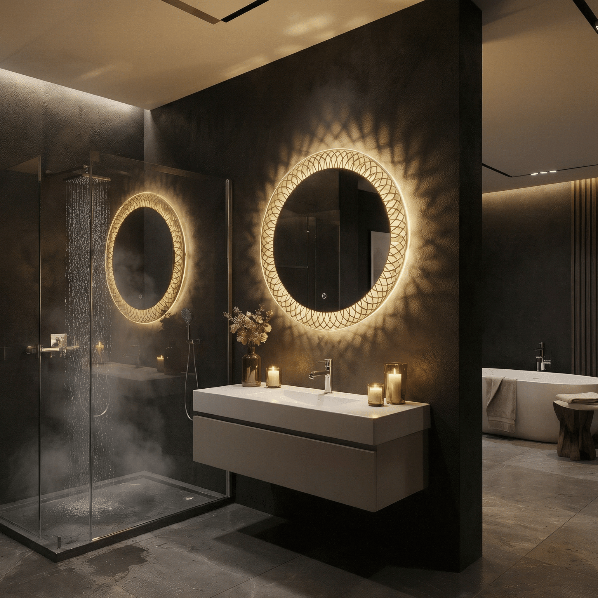 Designer Pattern Round LED Mirror with Ambient Glow & Anti-Fog
