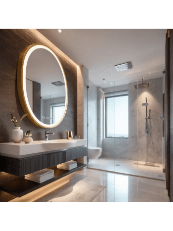 Modern Bathroom with Round LED Mirror and Warm Ambient Lighting
