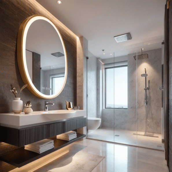 Modern Bathroom with Round LED Mirror and Warm Ambient Lighting