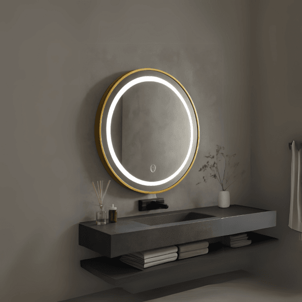Round LED Mirror with Metal Frame and Time Display | Modern, Stylish Bathroom Decor