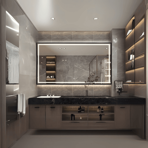 Rectangular LED Bathroom Mirror with Digital Display – Modern Design with Gold Frame