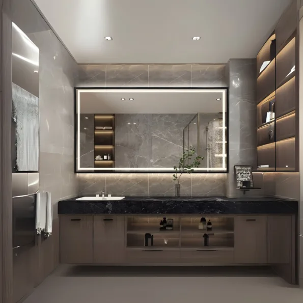 Rectangular LED Bathroom Mirror with Digital Display – Modern Design with Gold Frame
