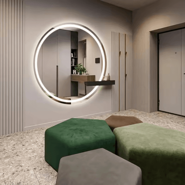 Smart Circular LED Bathroom Mirror with Time Display and Ambient Lighting