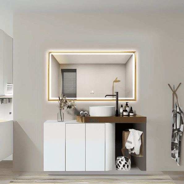 Rectangular LED Bathroom Mirror with Digital Display – Modern Design with Gold Frame