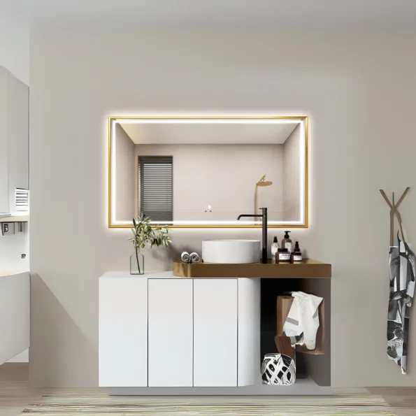 Rectangular LED Bathroom Mirror with Digital Display – Modern Design with Gold Frame
