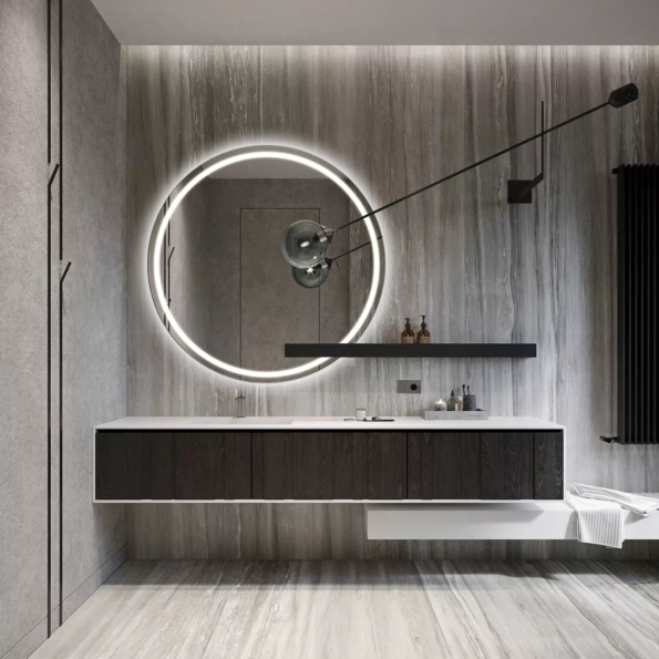 Smart Circular LED Bathroom Mirror with Time Display and Ambient Lighting