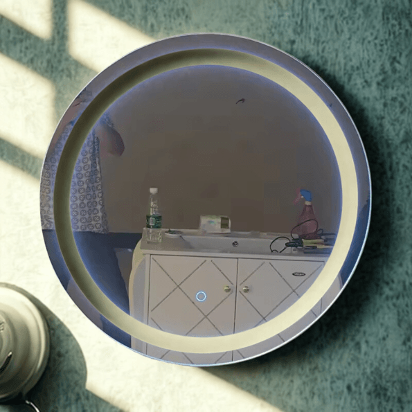 Smart Circular LED Bathroom Mirror with Time Display and Ambient Lighting
